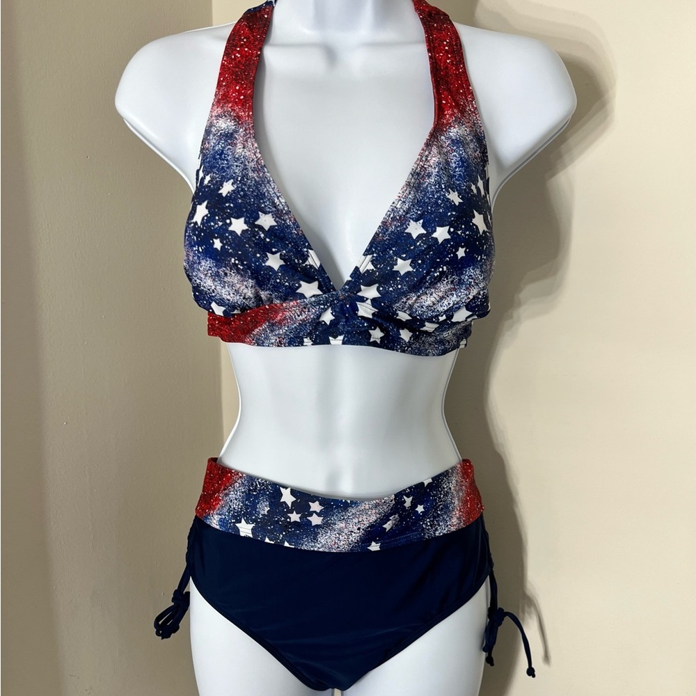 American Flag Stars Stripes Halter High Waisted Bikini Set